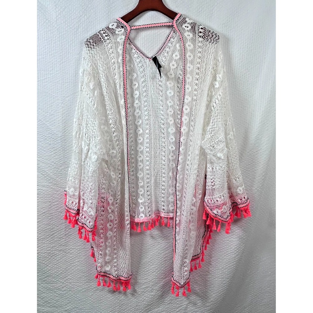 Express White Cotton Crochet‎ Neon Pink Tassels Open Swimsuit Cover Up One Size